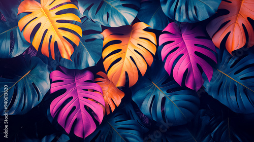 A colorful display of leaves with a blue background