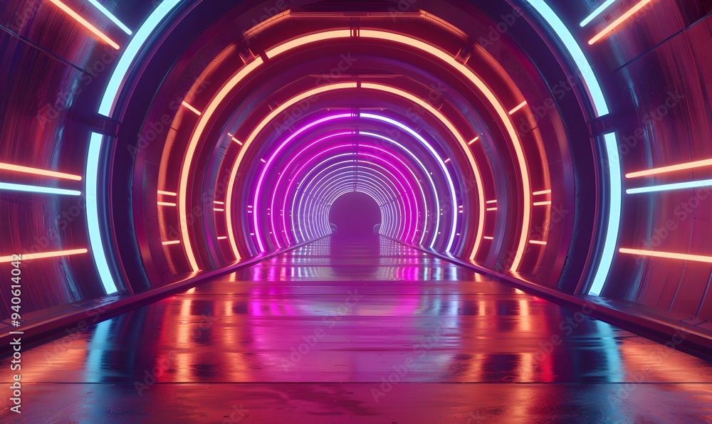 Glowing neon ring light in tunnel. 3d render. Futuristic abstract wallpaper. Glowing neon ring light in tunnel. 3d render. Futuristic abstract wallpaper.
