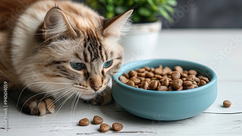 Cat bowl with a high back and small base made of plastic material, in a blue-green color tone, filled with dry food inside the cup. Generative AI.