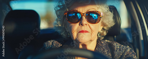 A senior woman wearing sunglasses drives confidently in her car on a sunny day. The warm sunlight casts a golden hue, highlighting her cool and independent spirit as she enjoys the drive alone. photo