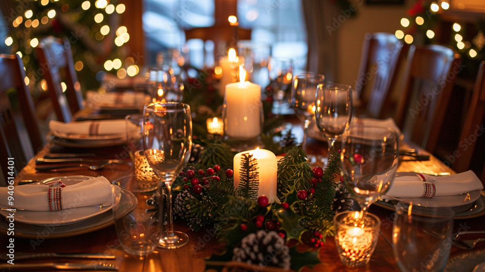 A beautifully set dinner table on Christmas Eve, with a centerpiece of candles and holly A beautifully set dinner table on Christmas Eve, with a centerpiece of candles and holly