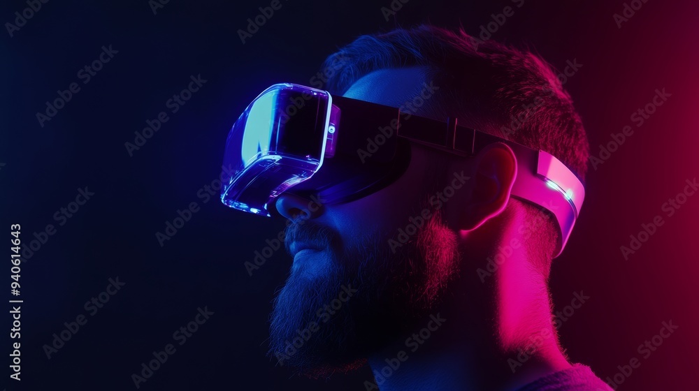 Young Man with Beard in Glasses Experiencing Virtual Reality on Dark Background Generative AI Young Man with Beard in Glasses Experiencing Virtual Reality on Dark Background Generative AI