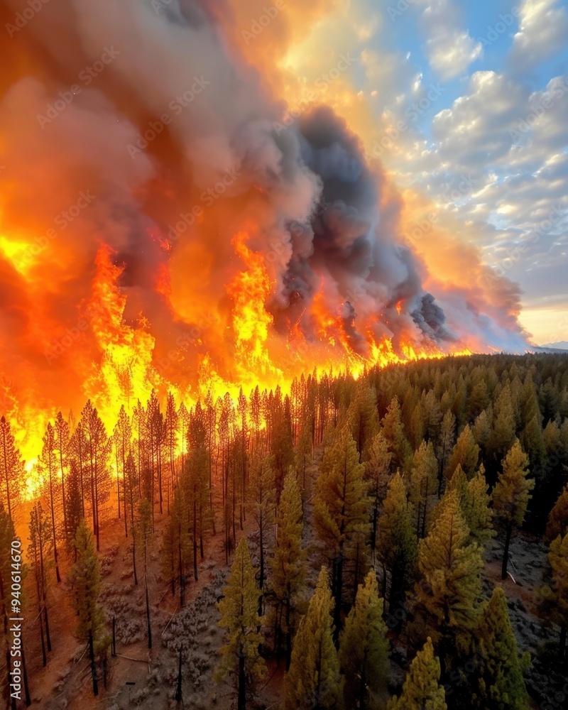 Fototapeta premium A massive forest fire engulfs trees, with thick smoke rising into the sky under a partly cloudy sunset.