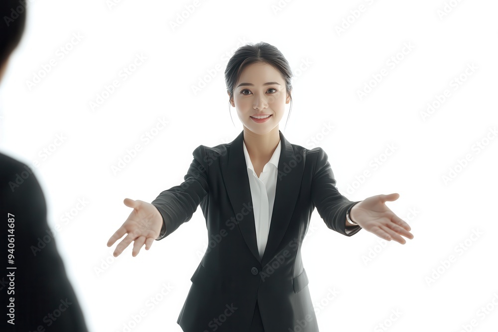 Businesswoman in black suit with outstretched arms welcoming someone, white background. Suitable for business or greeting concepts. Businesswoman in black suit with outstretched arms welcoming someone, white background. Suitable for business or greeting concepts.