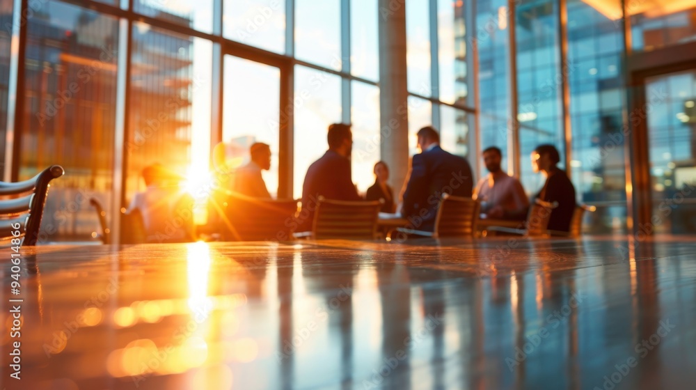 © LazysAI - Team meeting in a modern office with sun shining through large windows, creating a warm and professional atmosphere. Businesspeople discussing ideas.