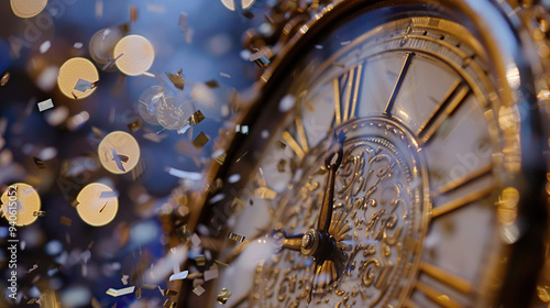A close-up of a clock striking midnight on New Year's Eve, with confetti falling
