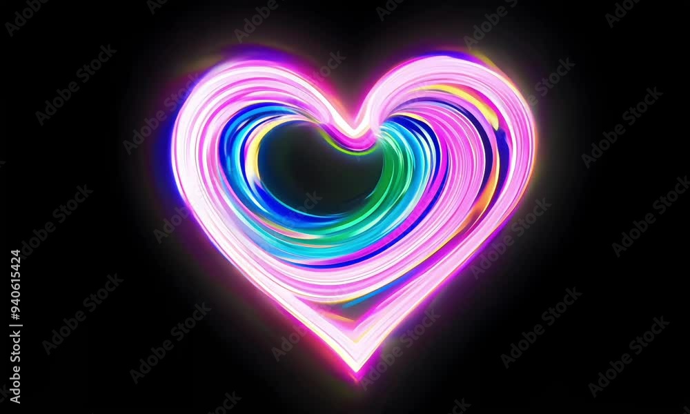 Glowing neon heart with vibrant rainbow swirls on a dark background
