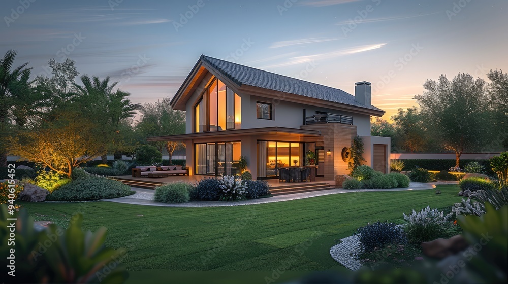 A small house with a huge garden, beautiful night. Generative AI. A small house with a huge garden, beautiful night. Generative AI.
