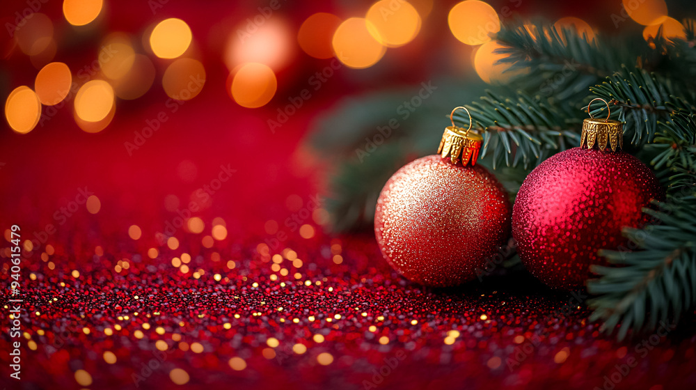 Two red and gold ornaments are sitting on a red background Two red and gold ornaments are sitting on a red background