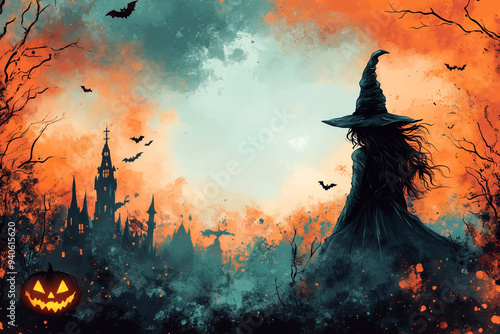 Haunted Halloween Witch  large blank space in the center for text