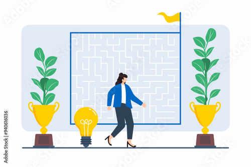 Flat illustration of woman rerouting maze to represent overcoming career obstacles and finding new opportunities