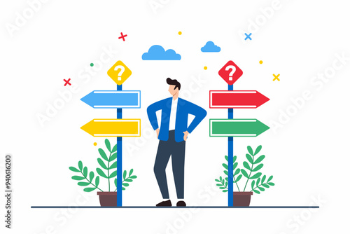 Flat illustration of man standing at crossroads with multiple signposts symbolizing career choices and life directions