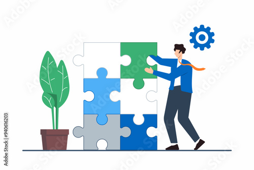 Flat illustration of person assembling puzzle pieces into new shape representing restructuring and adaptation in career