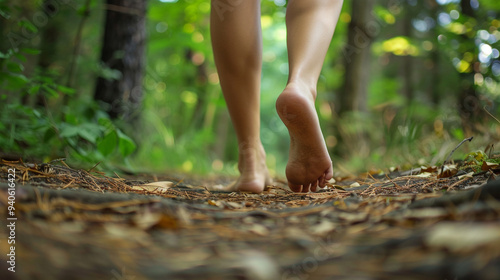 A close-up of Eveâs feet walking barefoot on a forest path, with leaves crunching underfoot photo