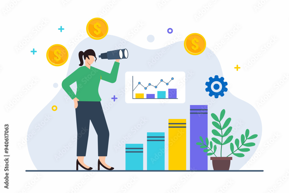 Flat illustration of woman using binoculars to spot business opportunities in digital marketplace Flat illustration of woman using binoculars to spot business opportunities in digital marketplace