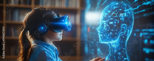 Interactive classroom scene with a school student wearing a VR headset