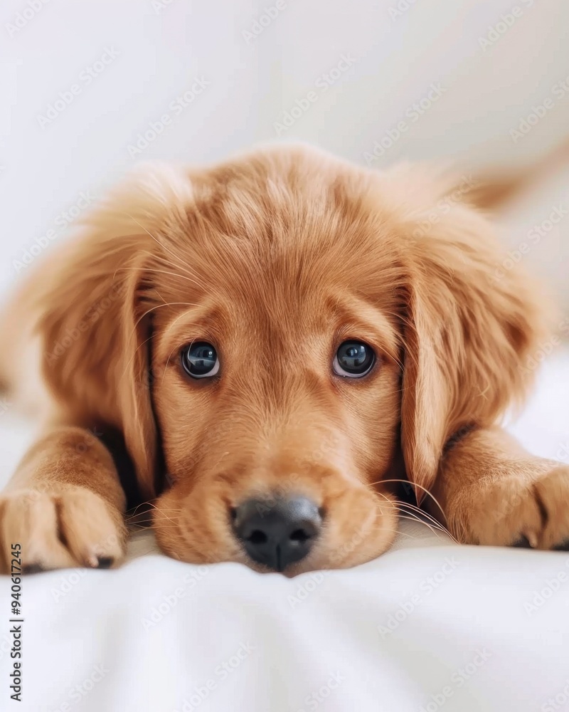 Adorable golden retriever puppy with soulful eyes lying on a white bed looking directly at the camera. Adorable golden retriever puppy with soulful eyes lying on a white bed looking directly at the camera.