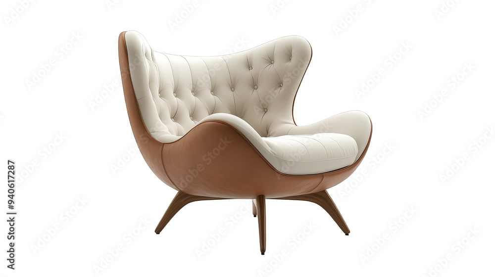 Modern White and Brown Leather Armchair with Buttons Modern White and Brown Leather Armchair with Buttons