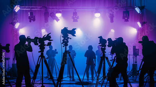 Commercial video film movie making lighting set professional studio production big working people silhouette scenes behind television camera motion picture equipment crew photo light