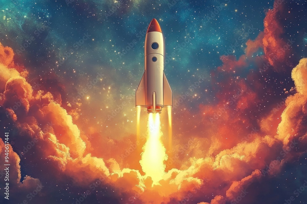 Rocket Launch into a Starry Sky with Clouds Rocket Launch into a Starry Sky with Clouds