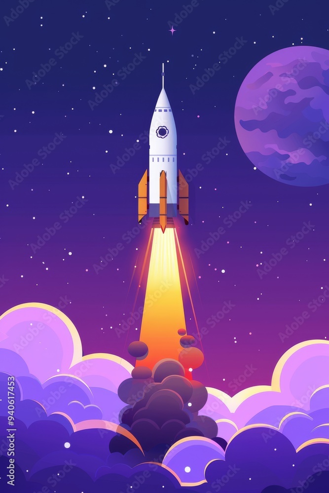 A rocket launches into space, illuminating a purple sky on Astronaut Day A rocket launches into space, illuminating a purple sky on Astronaut Day