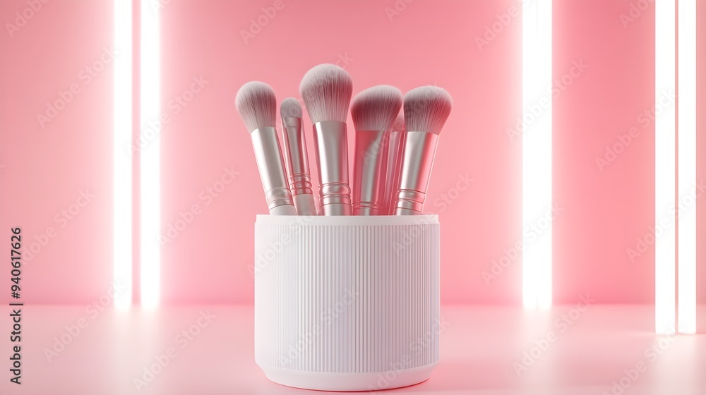 Modern rotating makeup brush holder with integrated storage, displaying an array of colorful brushes and beauty products in a futuristic setting Modern rotating makeup brush holder with integrated storage, displaying an array of colorful brushes and beauty products in a futuristic setting