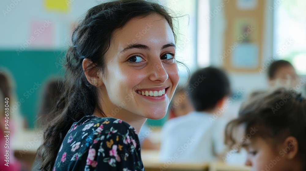 Happy Female Teacher in a Classroom with Students Generative AI Happy Female Teacher in a Classroom with Students Generative AI