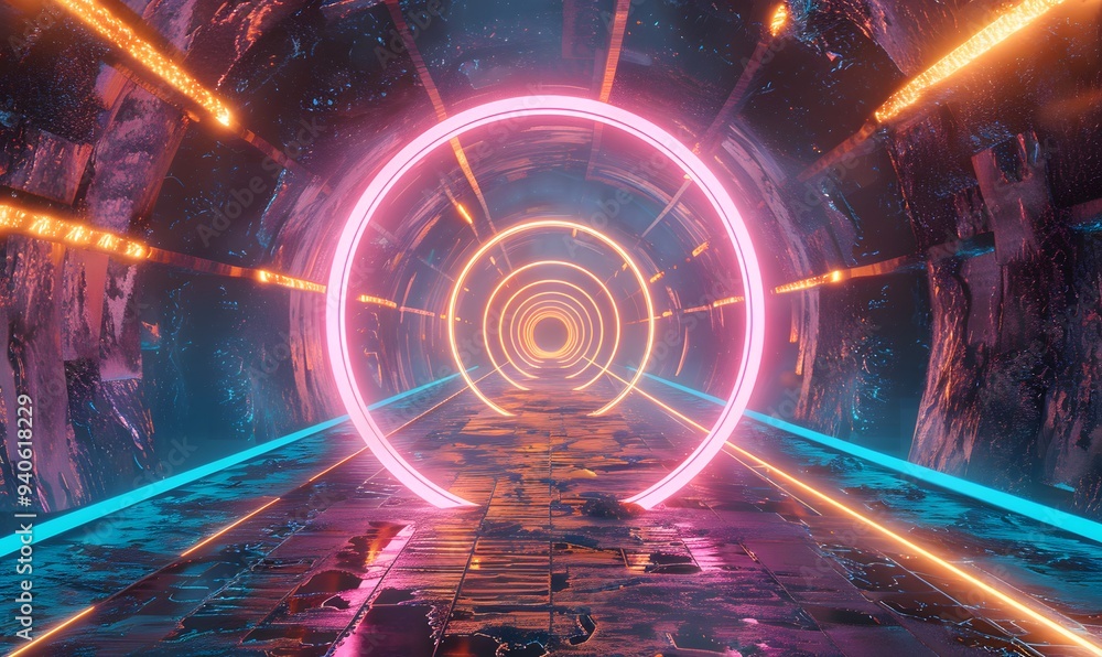 Glowing neon ring light in tunnel. 3d render. Futuristic abstract wallpaper. Glowing neon ring light in tunnel. 3d render. Futuristic abstract wallpaper.