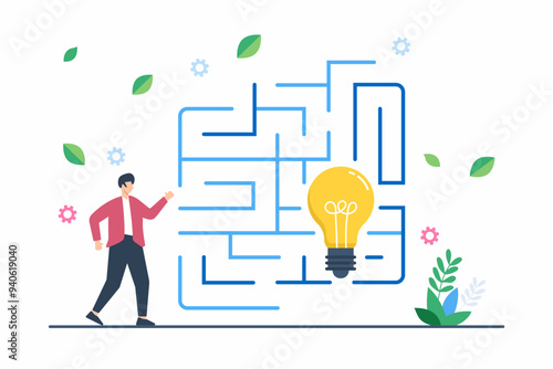 Flat illustration of person navigating maze with lightbulb guiding innovation and problem-solving strategy
