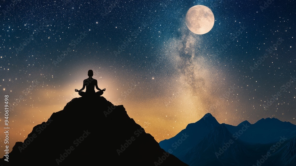 Meditating Person on Mountain Top Under Starry Night Sky Generative AI Meditating Person on Mountain Top Under Starry Night Sky Generative AI
