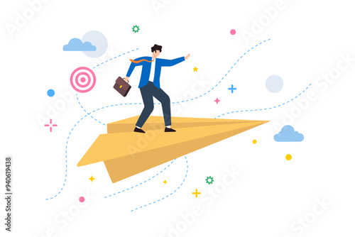 Flat illustration of person riding paper airplane, symbolizing flexible thinking and adaptive strategies