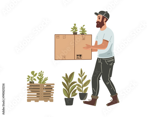 a man carries a box with garden plants