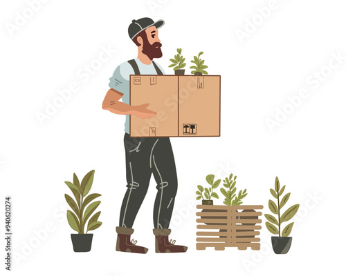 male gardener carries a box with garden plants