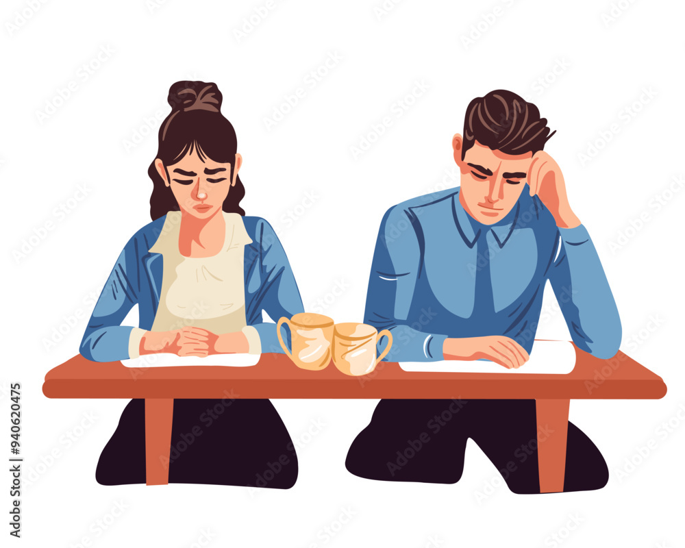 A sad girl and man sits behind desk on white background A sad girl and man sits behind desk on white background