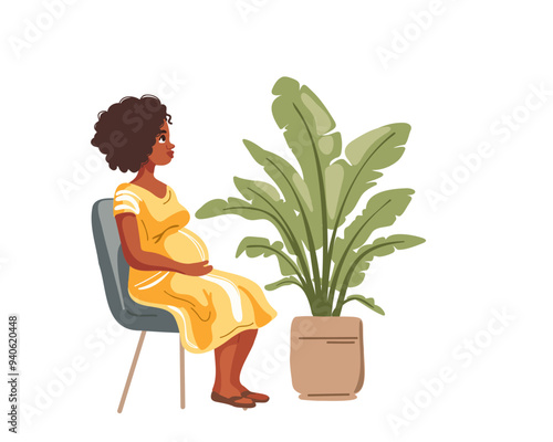 Pregnant woman sits on chair near potted home plant, side view on white background