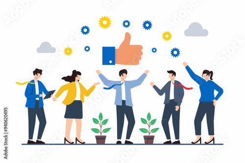 Flat illustration of people giving thumbs-up to colleague for outstanding teamwork and collaboration