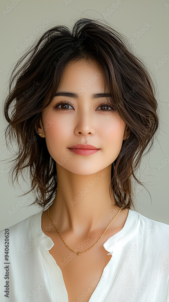 A woman with short brown hair and a gold necklace A woman with short brown hair and a gold necklace
