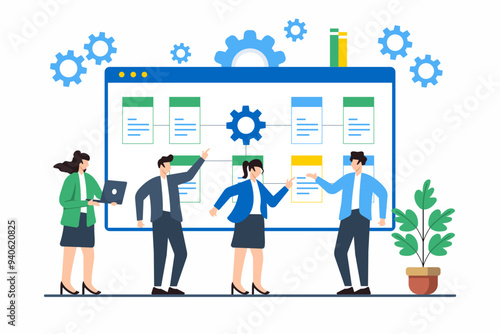 Flat illustration of team analyzing sprint backlog and assigning tasks for agile software development