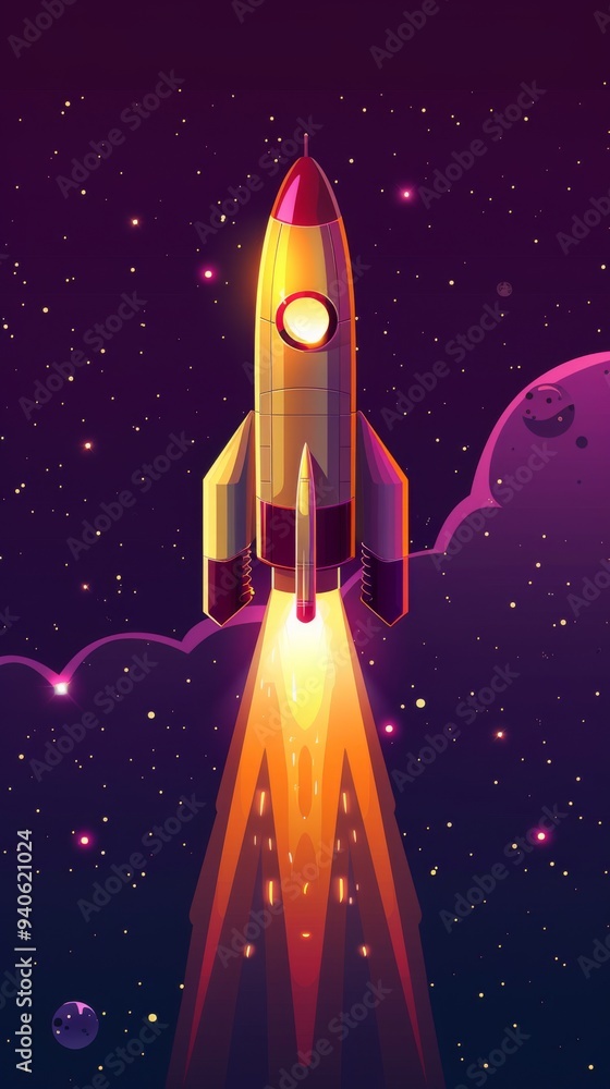 A colorful rocket ascends through a purple and pink sky, marking Astronaut Day and inspiring students for school A colorful rocket ascends through a purple and pink sky, marking Astronaut Day and inspiring students for school