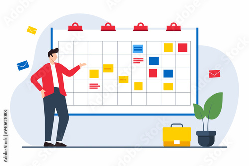 Flat illustration of project manager tracking milestone achievements with interactive kanban board
