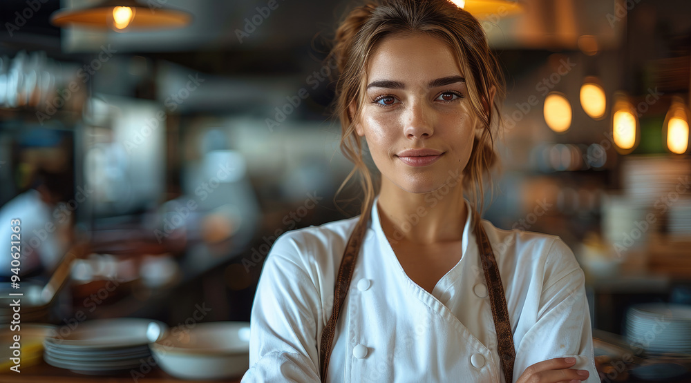 Portrait of an attractive female chef standing at the counter in her restaurant, with her arms crossed. Generative AI. Portrait of an attractive female chef standing at the counter in her restaurant, with her arms crossed. Generative AI.