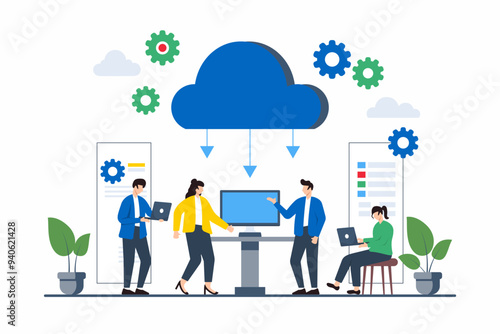 Flat illustration of team members collaborating on cloud-based version control for continuous deployment
