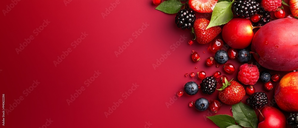 A tight shot of various fruits against a red backdrop Below, leaves and berries are visible A tight shot of various fruits against a red backdrop Below, leaves and berries are visible
