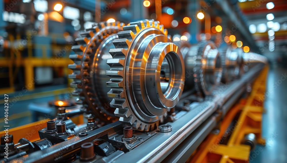 Precision Aircraft Gear Assembly in Factory. Close-up of a precision gear assembly for aircraft in a factory, highlighting the intricate machinery involved in aerospace engineering. Precision Aircraft Gear Assembly in Factory. Close-up of a precision gear assembly for aircraft in a factory, highlighting the intricate machinery involved in aerospace engineering.