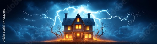 Spooky haunted house with glowing windows and lightning in the background, perfect for Halloween themes and eerie atmospheres.