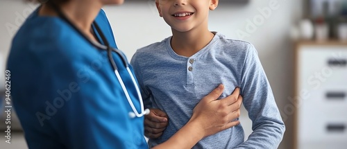 Unrecognizable pediatrician examining a child s abdomen on a cot in a medical clinic, closeup shot of the physical examination process photo