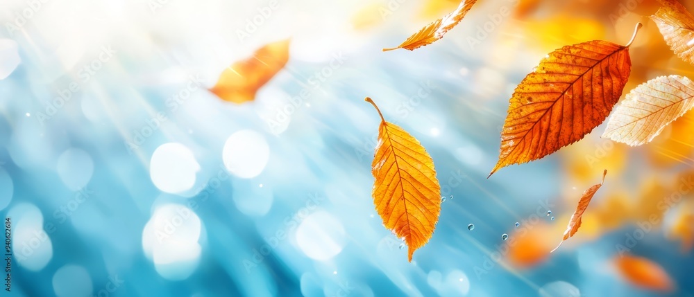 A collection of leaves afloat above a tranquil blue body of water, sun's rays filtering through their edges A collection of leaves afloat above a tranquil blue body of water, sun's rays filtering through their edges