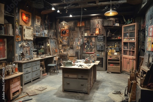 Cozy, cluttered workshop illuminated by warm light, filled with tools, crafts, and artistic projects. Creative workspace ambiance. photo