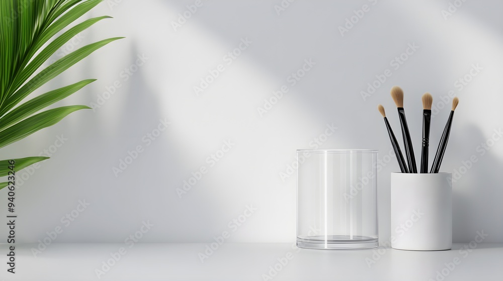 Transparent acrylic brush holder, simple and elegant, set against a white background, minimalistic home aesthetic, emphasizing clarity and order Transparent acrylic brush holder, simple and elegant, set against a white background, minimalistic home aesthetic, emphasizing clarity and order