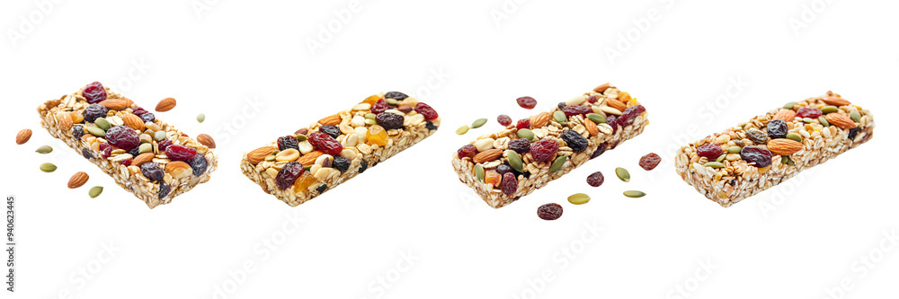 set granola bar with nuts, dried fruits, and seeds, isolated on a white background. set granola bar with nuts, dried fruits, and seeds, isolated on a white background.
